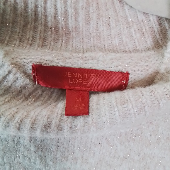 J LO Jennifer Lopez Balloon Sleeve Knit Sweater Size Medium Pink‎ Gold Threads - Picture 12 of 12